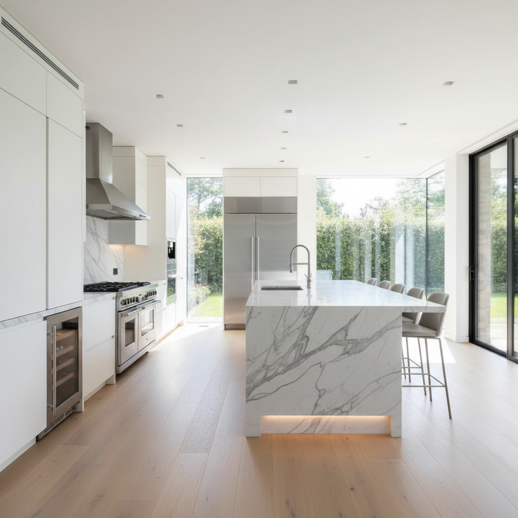 Luxury modern kitchen with KitchenAid appliance service focus